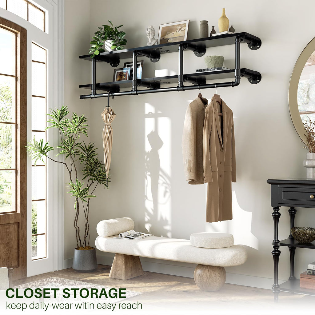 Industrial Pipe Clothing Rack, Wall Mounted Closet Shelf with Rod
