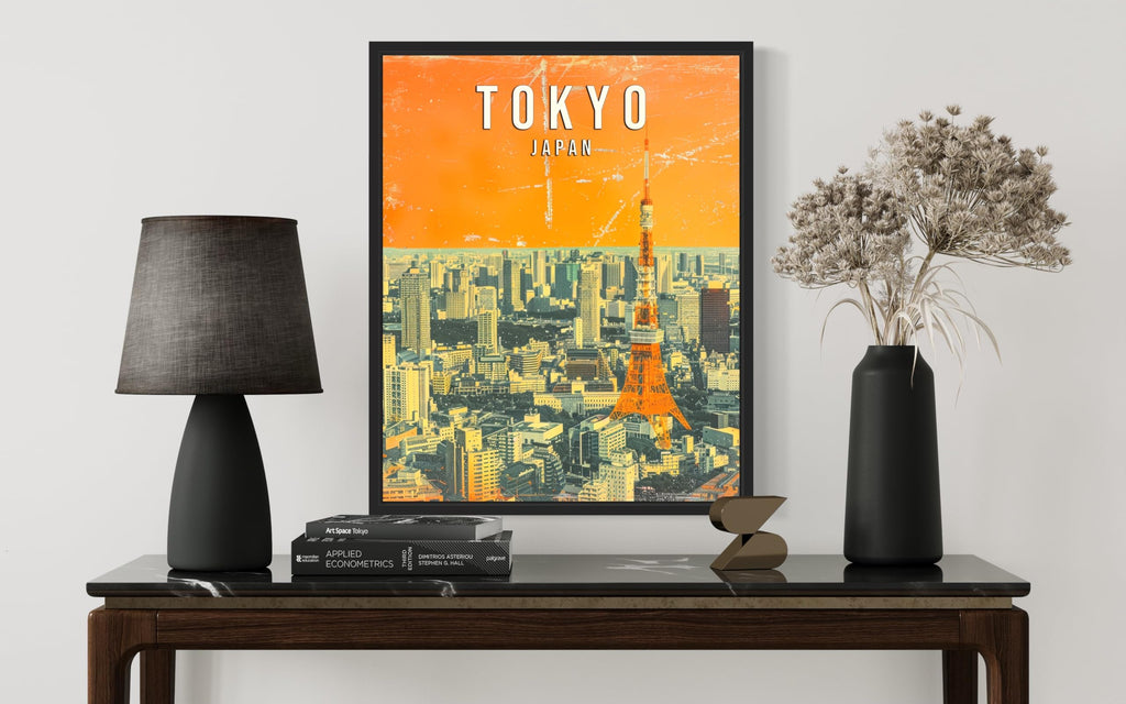 Tokyo City Black Framed Wall Poster Print, Vintage Retro Landscape Scenery Painting Artwork Travel Prints Decor