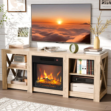 For up to 70 inch TVs, Farmhouse Entertainment Center with Electric Fireplace Heater & Adjustable Shelves, Fireplace