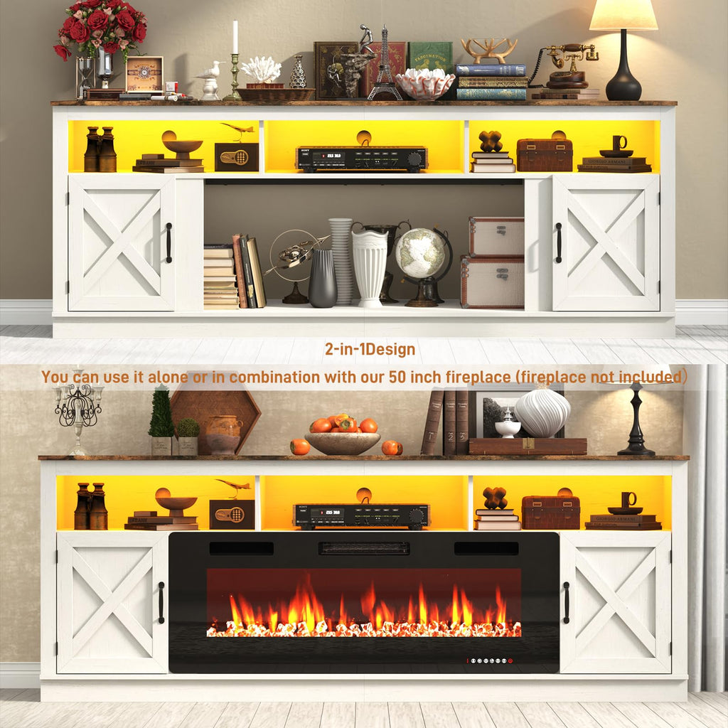 Farmhouse TV Stand for 85/90/95 Inch TV, 32"Tall Entertainment Center w/LED Light, Large Media Console Cabinet w/Barn