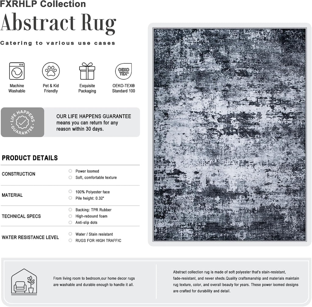 5x7 Area Rug Living Room: Modern Washable Indoor Carpet Black