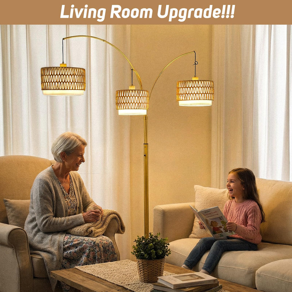 3-Light Arc Gold Rattan Floor Lamp, 80'' Boho Lamp