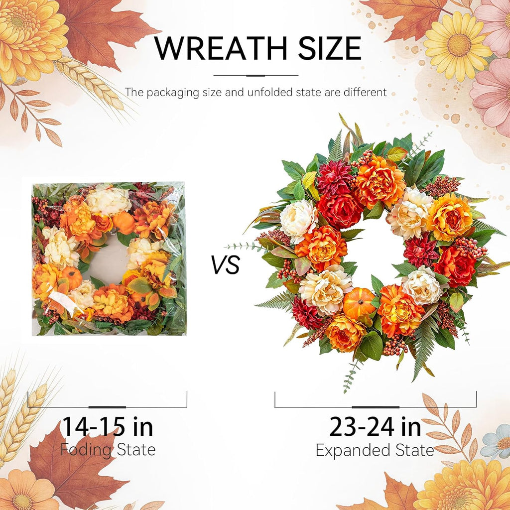 24 InchFall Wreaths for Front Door Autumn Wreath with Peony, Pumpkins