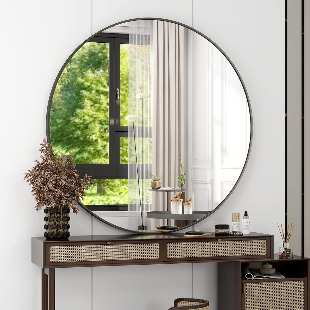36 Inch Round Bathroom Mirror - Black Wall Mounted Circle Mirror with Metal Frame, Modern Round Hanging Mirror