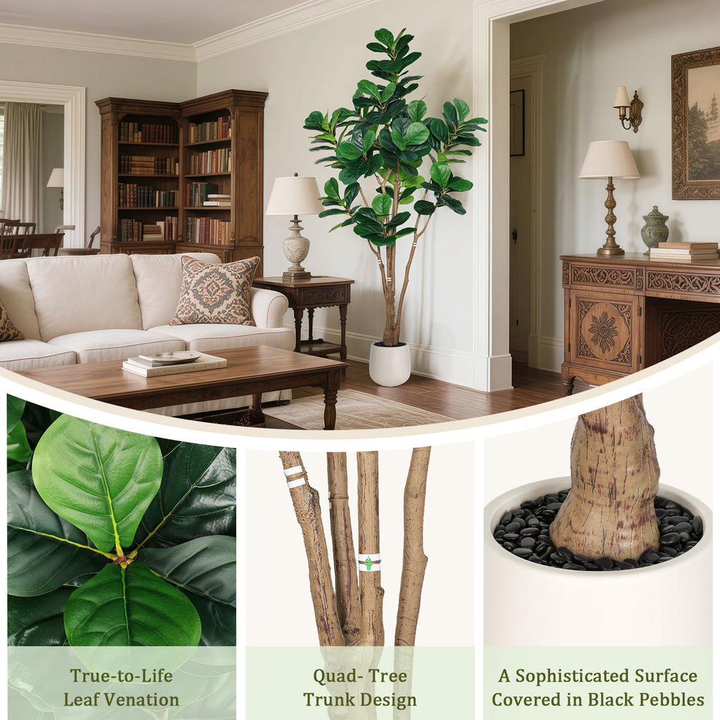 Artificial Fiddle Leaf Fig Tree with Thick Trunk and Emerald Leaves 7 ft