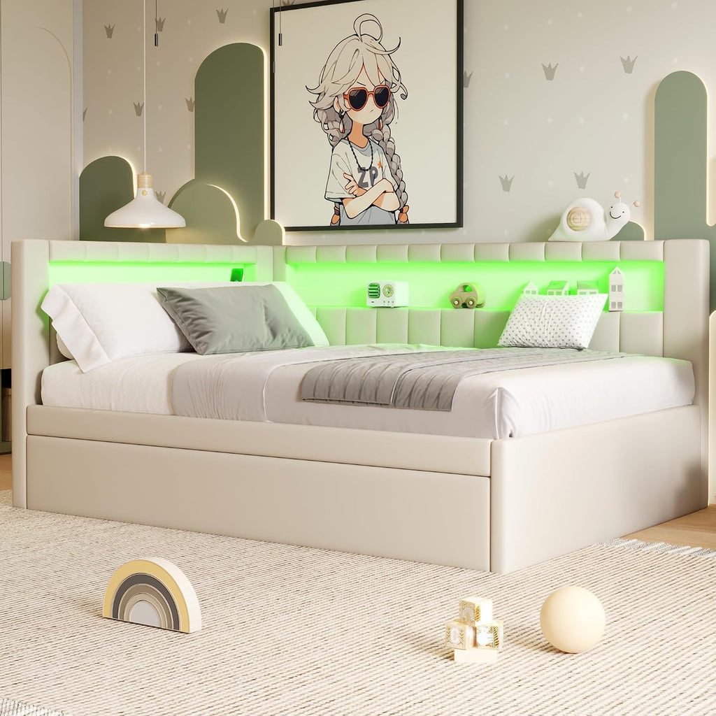 Upholstered Full Size Daybed with LED and Trundle, USB Ports, White | L-Shaped Corner Day Bed with Storage Shelves