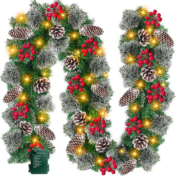 Timer 8 Modes - 9 Ft by 10 Inch Prelit Christmas Garland with 50 Warm Lights Thick 270 Snowy Bristle Pine 10 Pinecone