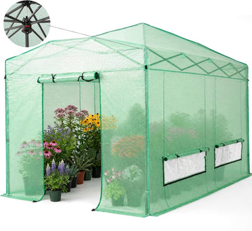 12X8 Pop Up Outdoor Walk-in Portable Greenhouse,Green | Patented CenterLock One Push Instant Greenhouses, Heavy Duty