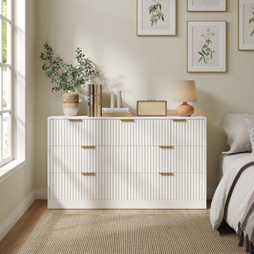 White 7 Drawer, 55" Wide Fluted Chest of Drawers with Gold Metal Handles, Modern Wood Closet Storage Organizer Mid