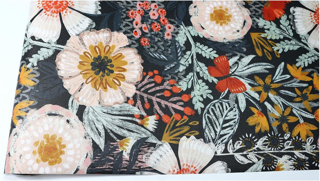 Navy Floral Peel and Stick Wallpaper Boho Mural 17.3in x 32.8ft | Vintage Textured Wall Paper Renter Friendly