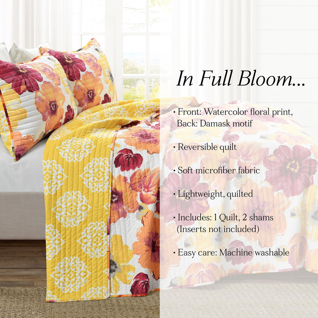 Leah Reversible Floral Quilt Set, 3 Piece Set, Red & Orange - Watercolor Botanical - Cottage Core - French