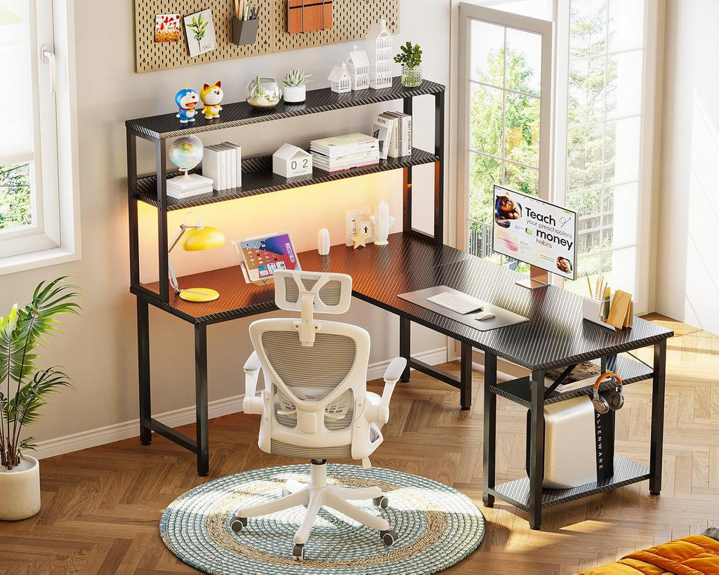 53 Inch L Shaped Gaming Desk with Hutch & Headphone Hook | Black Corner Computer Table with LED light & Storage