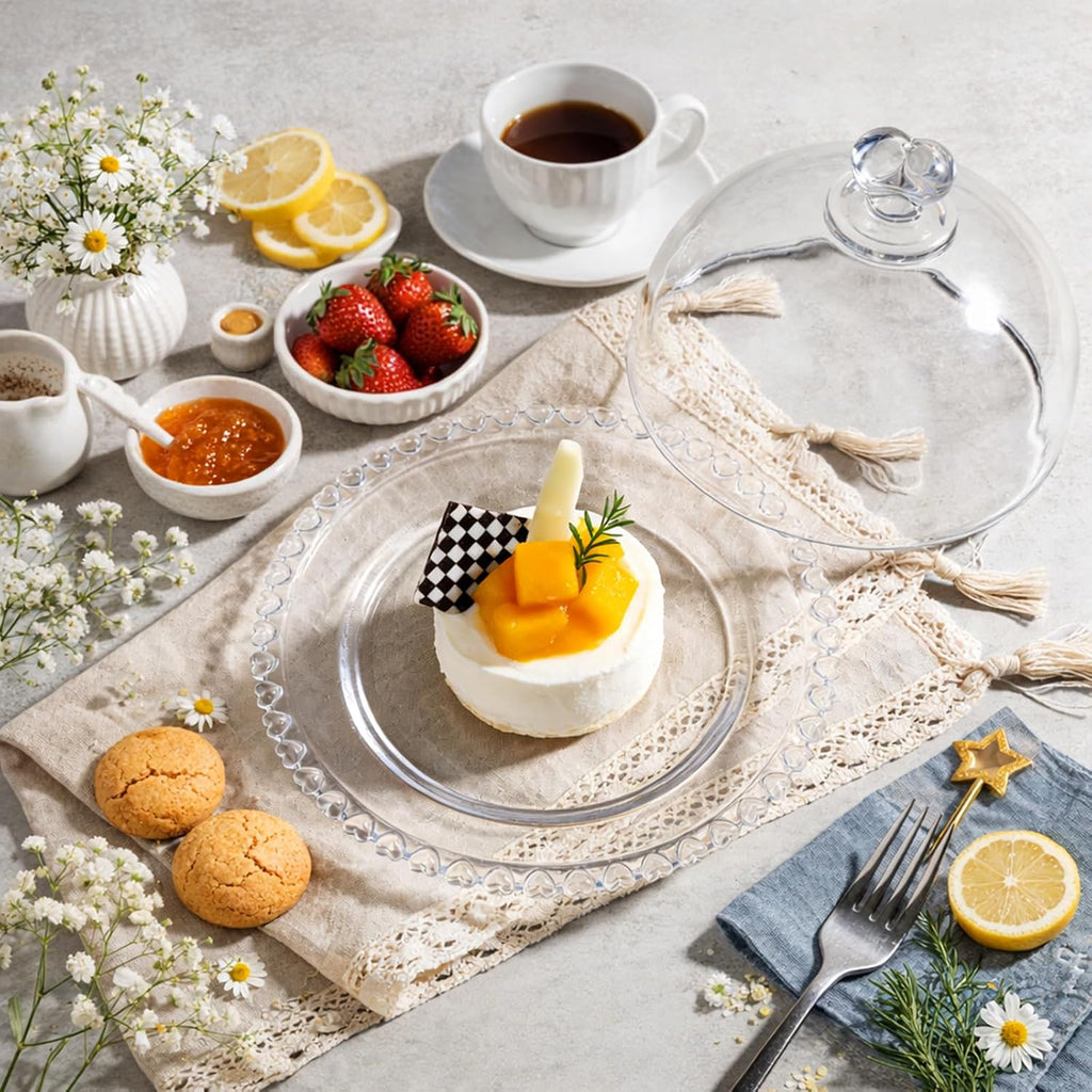 7" Clear Glass Cake Plate with Lid, Mini Crystal Cake Stand with Cloche Dome Cover, Dessert Cheese Serving Platter