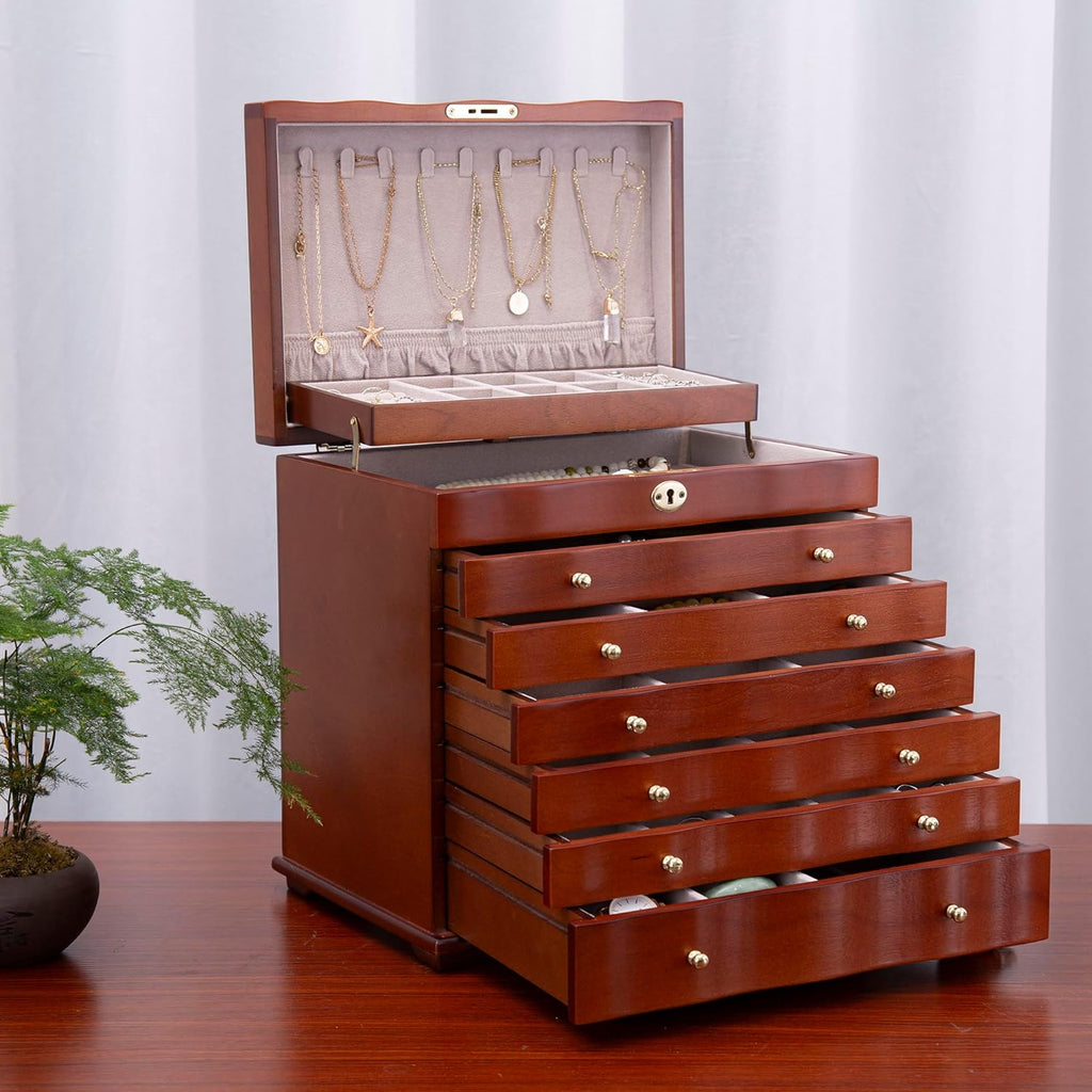 Solid Wood Jewelry Box w/Lock, 9-Layer Large Storage Organizer - Set of 300