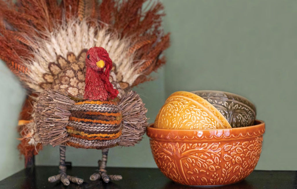 Ceramic Bowl Fall Autumn Thanksgiving Embossed Leaf Serving Dish, Large/5 Cups, Spicy Orange