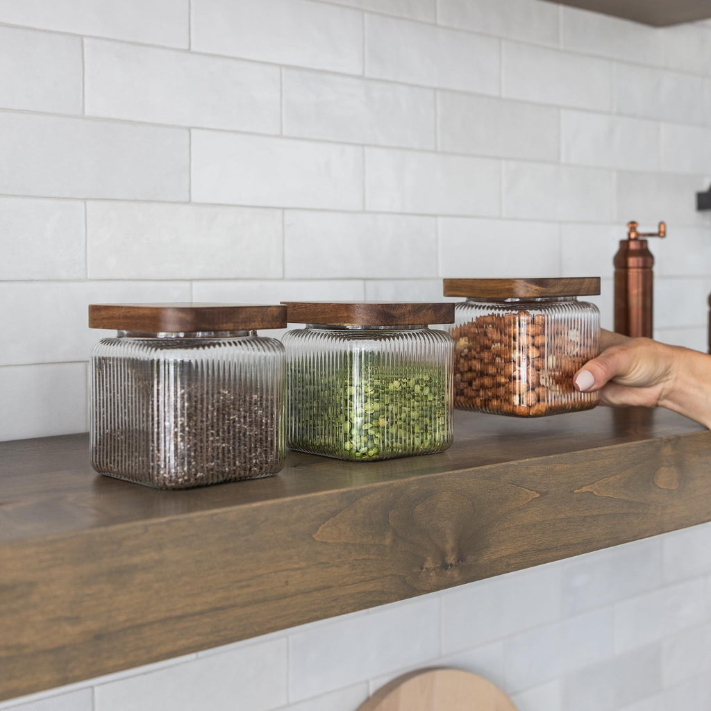 Ribbed Glass Square Jar with Wooden Lid 25fl.oz - Set of 3 | Airtight Fluted Storage Canister for Food, Pasta