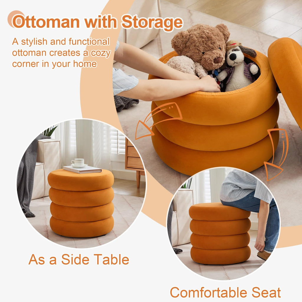 Round Storage Ottoman, 19.5" Small Ottomans Pouf with Removable Lid, Velvet Fabric Soft Footrest Stool for Couch