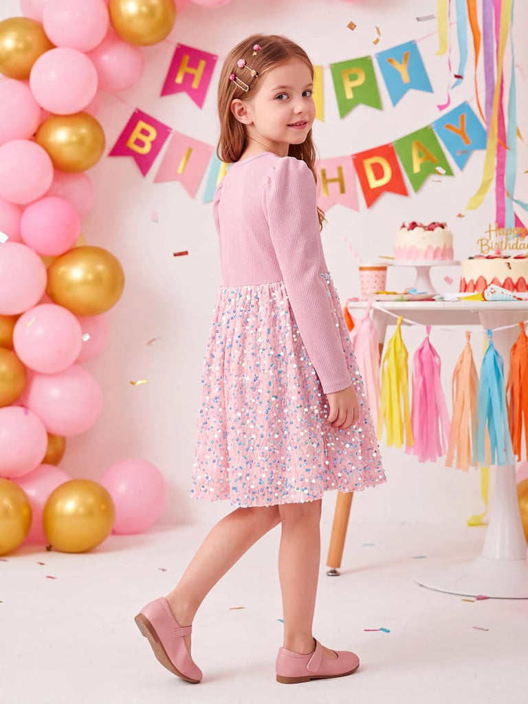 Girls Sequin A-Line Long Sleeve Dress for Birthday Party