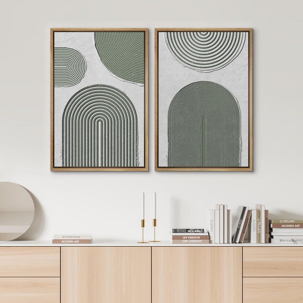 Framed Canvas Print Wall Art Set Mid-Century Green Geometric Circle Abstract Shapes Illustrations Minimal Decorative