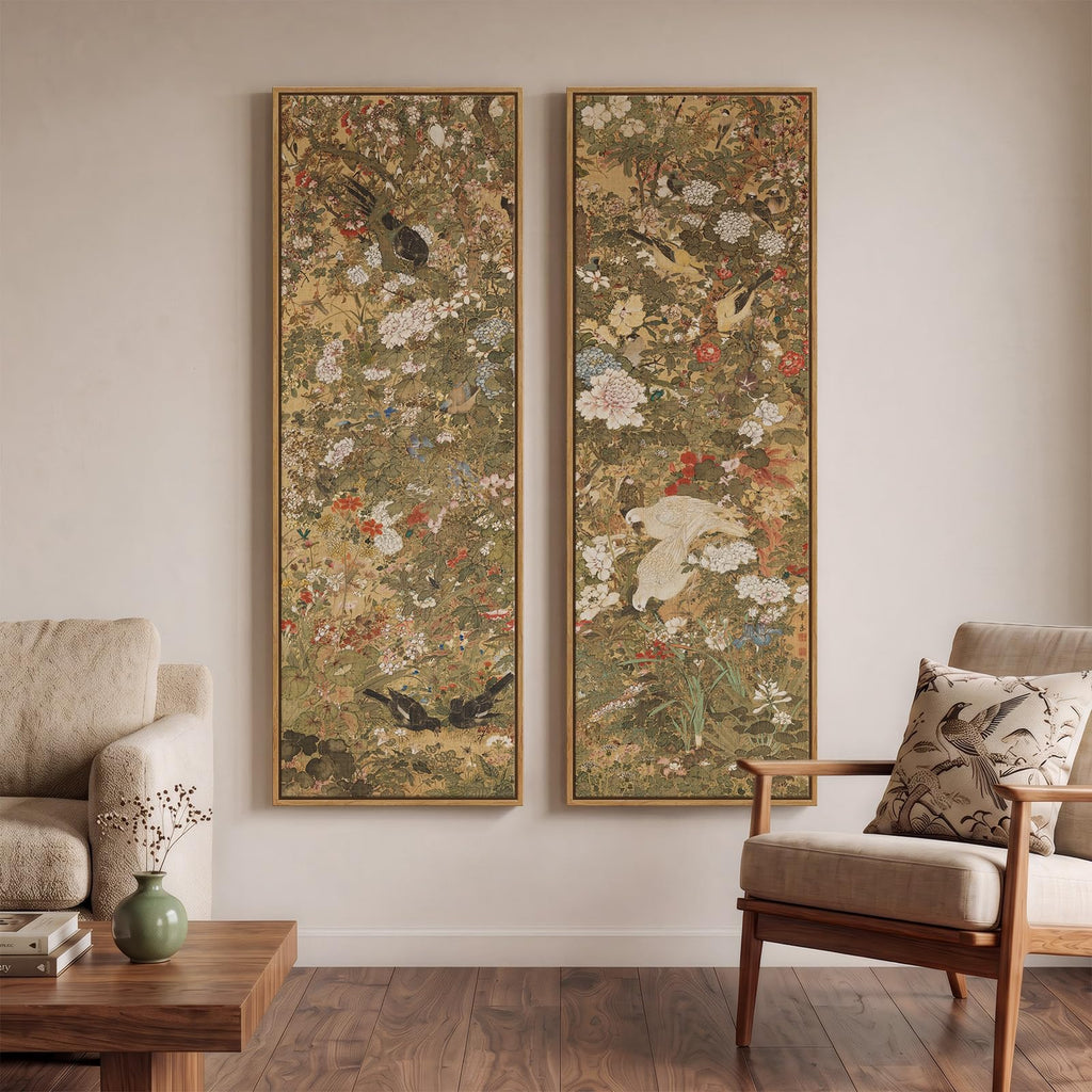 Framed Vintage Long Narrow Chinoiserie Wall Art, 60x20 Inch