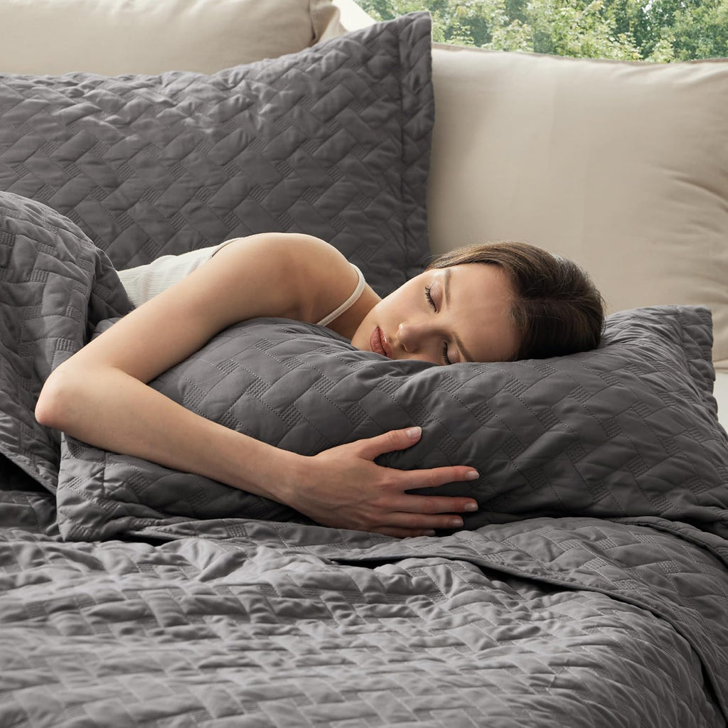 Quilts King - Grey Bedspreads King with Basket Weave Pattern, Soft Quilt Bedding Set, Lightweight Comforter Set