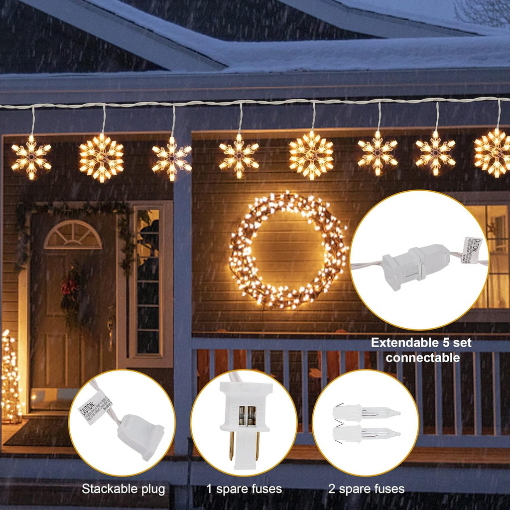 8.5 FT Snowflake Lights with 6 Drops, 100 Counts Clear Blubs Christmas String Lights, Plug in & Connectable Icicle