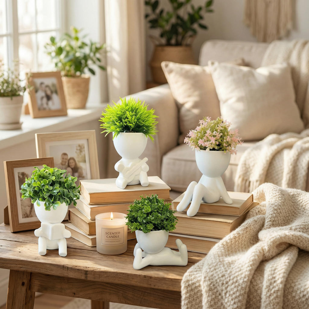 4 Packs Creative Small Fake Plants Artificial Succulents in Ceramic Human Shaped Pots Cute Office Plants For Desk