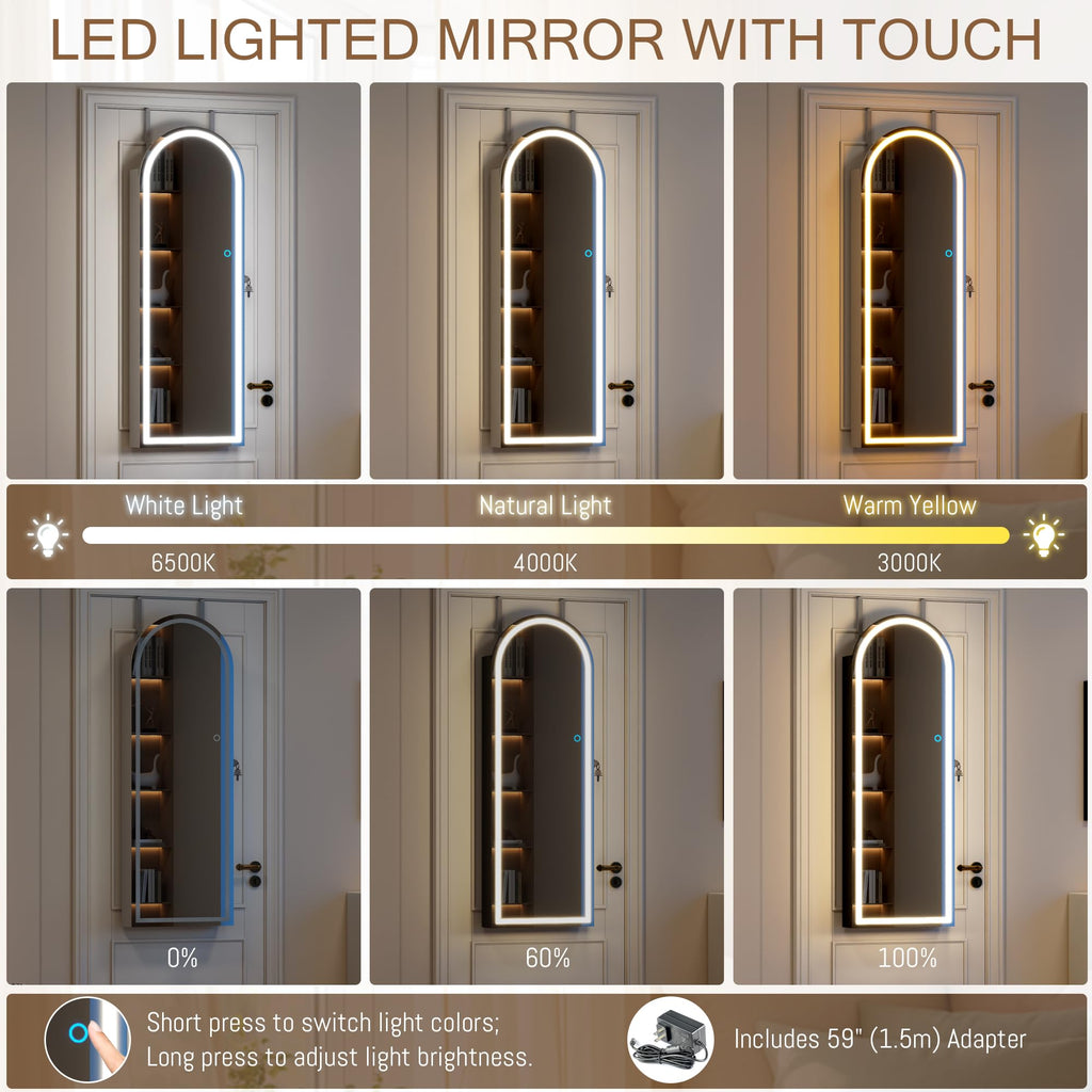 Wall Mounted Jewelry Organizer Lockable, 43"x16" Door Hanging Arched Mirror with Lights and Jewelry Storage, 6 LEDs