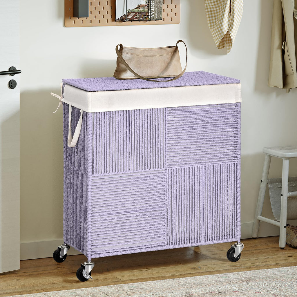 Double Laundry Hamper with Wheels, Handwoven Rolling Laundry Basket