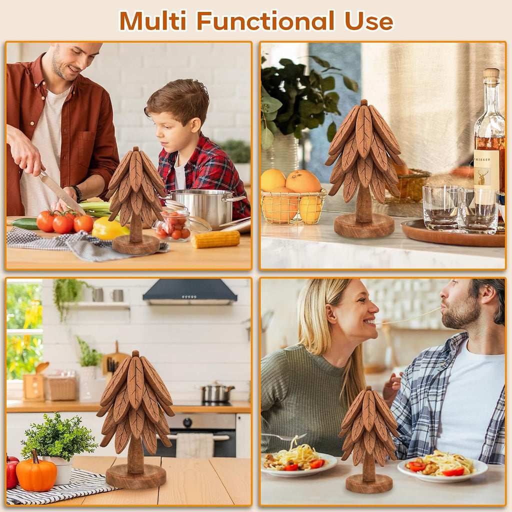 Wooden Trivets for Hot Dishes, Tree Shape Trivet Set, 4 Collapsible Trivet with 1 Stand, Suitable for Hot Pots Pans - Set of 4