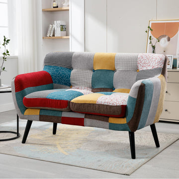 Modern Boho Loveseat Couch Sofa Chair Bedroom, Upholstered Colorful Plaid Fabric 2-Seat Love Seat Sofa with Wood Leg