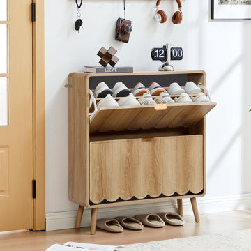 Shoe Storage Cabinet with 2 Flip Drawers, Freestanding Narrow Wood Shoe Cabinet with Wave Panel, Hidden Shoe