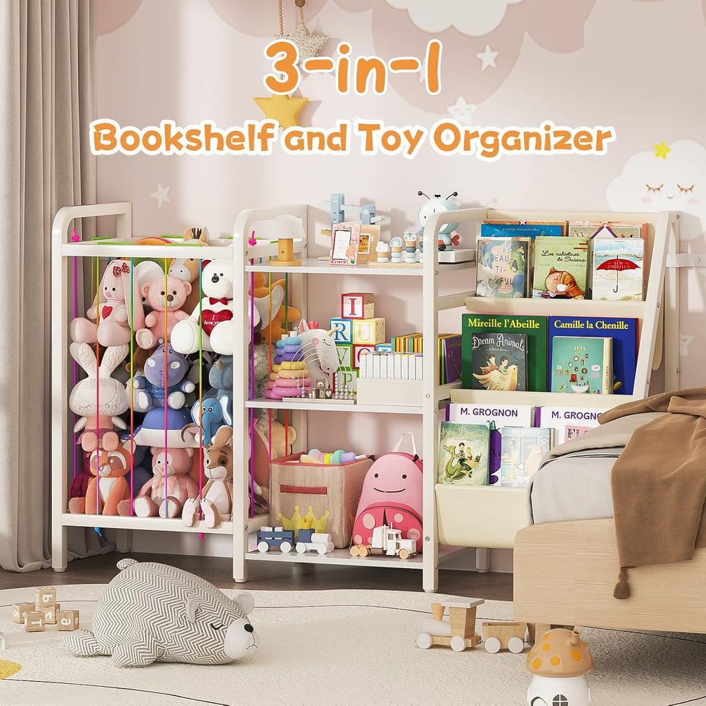 B1 Kids Bookshelf and Toy Storage, Book Shelf for Kids Rooms White | 3-Tier Sling Baby Bookcase with Stuffed Animal