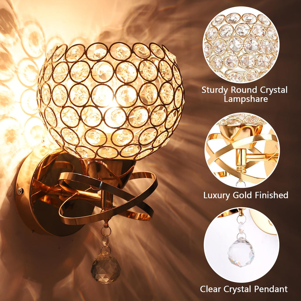 Gold Wall Sconces Set of Two, Modern Crystal Wall Light with E26 Socket Hardwired Sconces Wall Lighting Bedside Wall