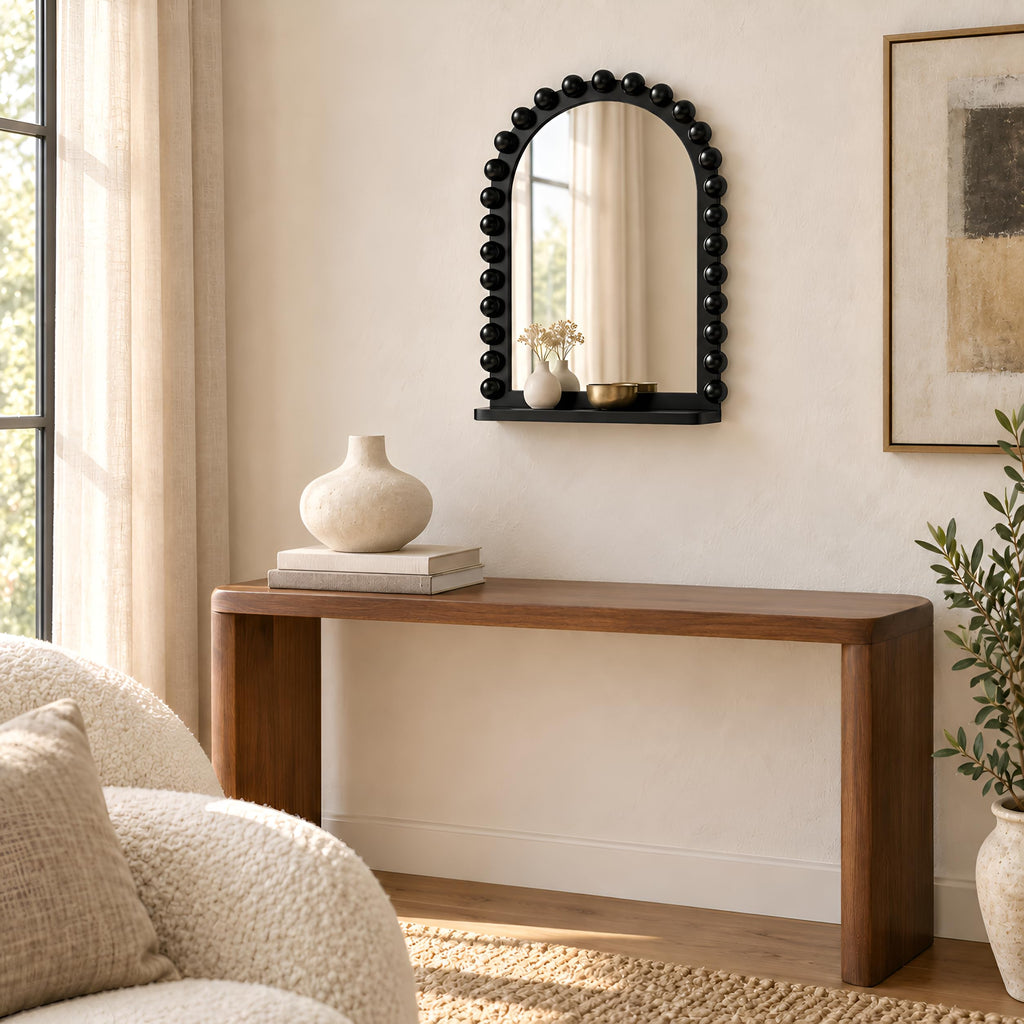 Arched Wall Mirror with Shelf, 12x16 Inch Wooden Bead Bathroom Mirror, Decorative Hanging Vanity Mirror, Black