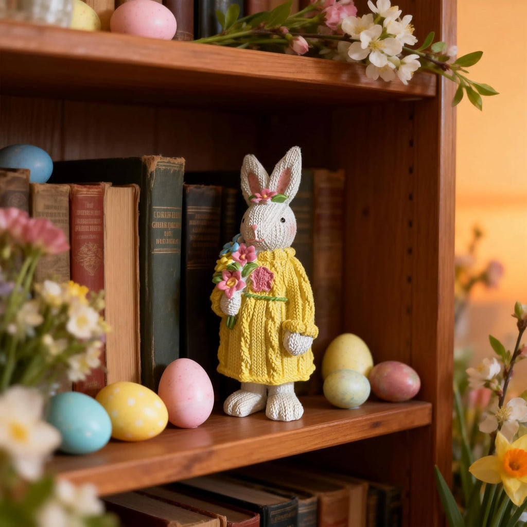 Easter Decorations Bunny Table Decor Rabbit Figurine - Knitted Texture Resin Rabbit Figurine with Flower Bouquet
