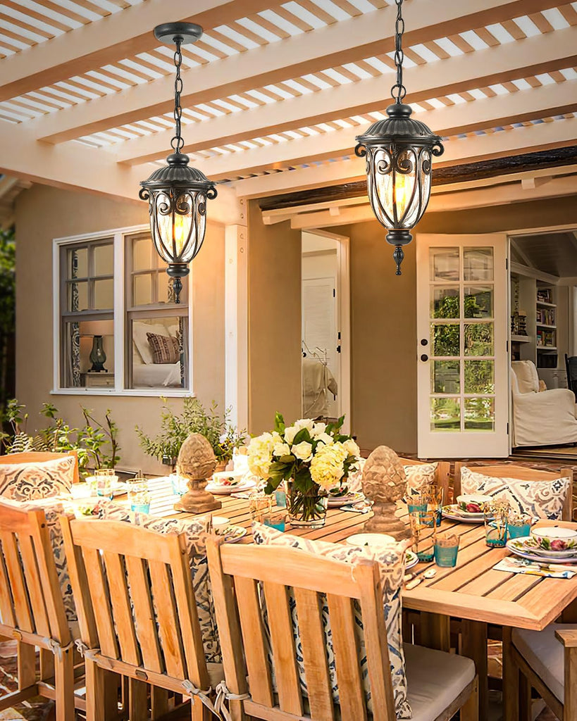 Outdoor Pendant Light Lantern, Farmhouse Outdoor Chandelier, Vintage Outdoor Hanging Lights with Seed Glass