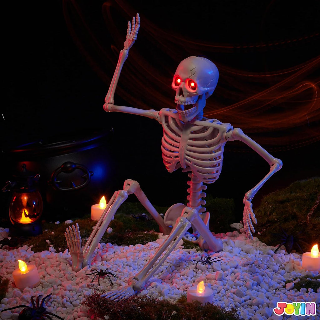 24 Inch Halloween Posable Skeleton with LED Red Glowing Eyes, 2FT Realistic Hanging Skeleton Bone Full Body Movable
