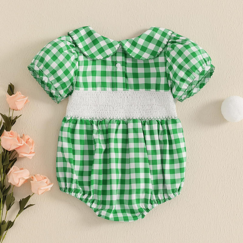 Girl Golf Outfit Plaid Print Short Sleeve Lapel Golf Romper Smocked Bodysuit Cute Newborn Girl Coming Home