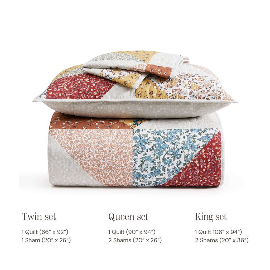 Quilt Set-3 Pieces Soft Bedding Lightweight Floral Patchwork Coverlet