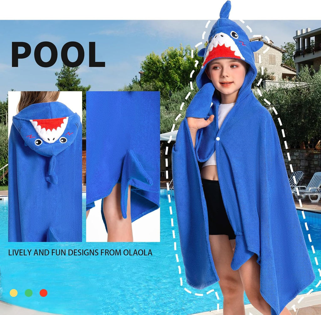 Shark Hooded Towel for Kids 3-12 Years, 28" x 53" Soft Thick Microfiber Ultra Absorbent Bath Towel Wrap, Beach Pool