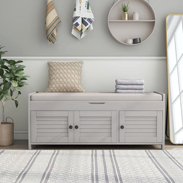 Storage Bench with 3 Shutter-Shaped Doors, Entryway Shoe Bench with Removable Cushion and Hidden Storage, Wooden