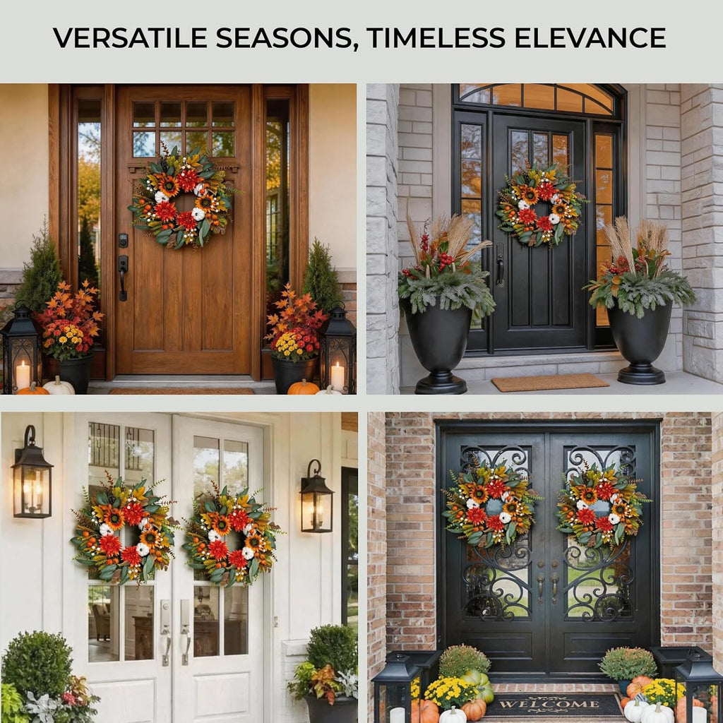 24 Inch Fall Eucalyptus Wreath for Front Door with Dahlia & Sunflower