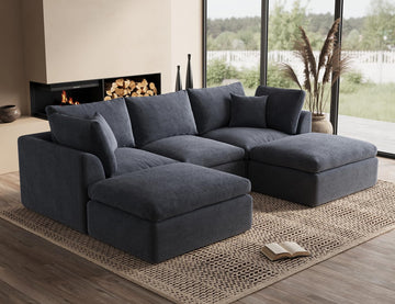 110" Cloud Sectional Couches, Boneless U Shaped Couch with Ottoman, 3 Seater Modular Sectional Sofa, Dark Grey