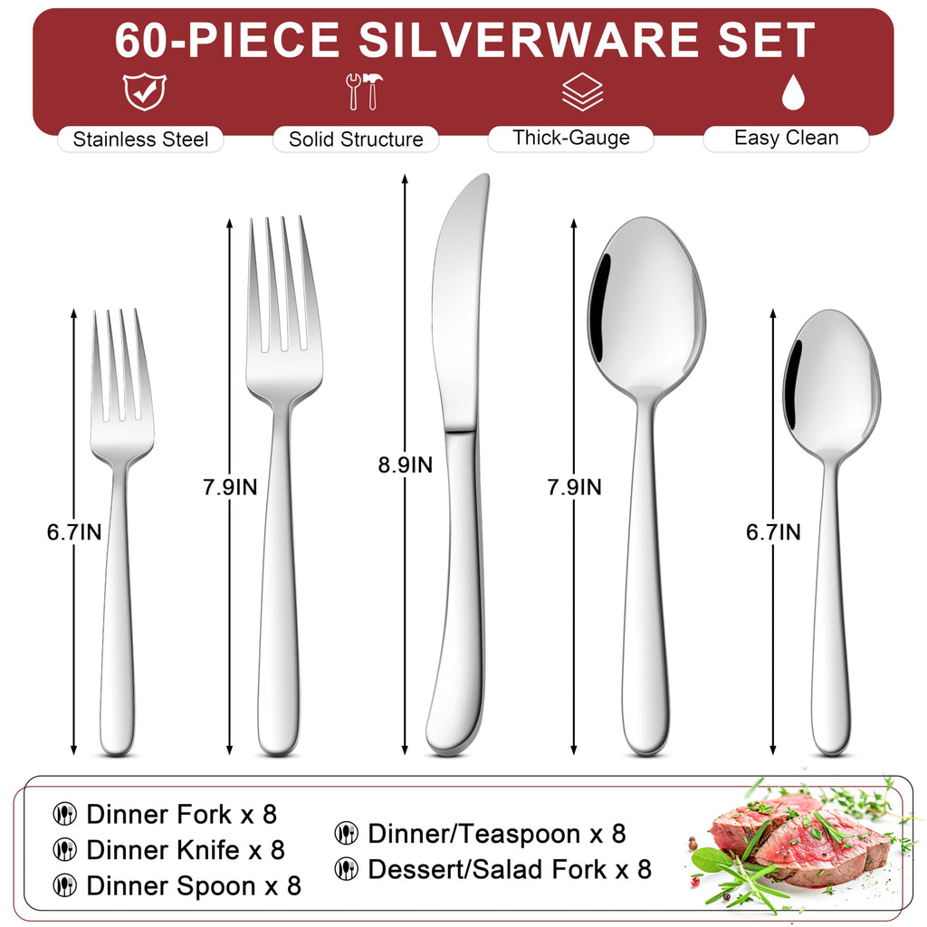 Heavy Duty Silverware Set for 12, 60-Piece Stainless Steel Flatware