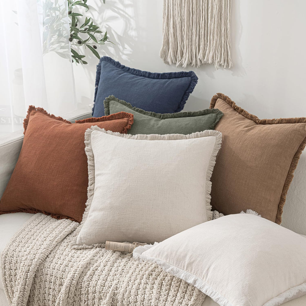 Decorative Throw Pillow Covers Neutral Linen Fringe Throw Pillows Euro Shams Set of 2 Natural Beige Boho Farmhouse
