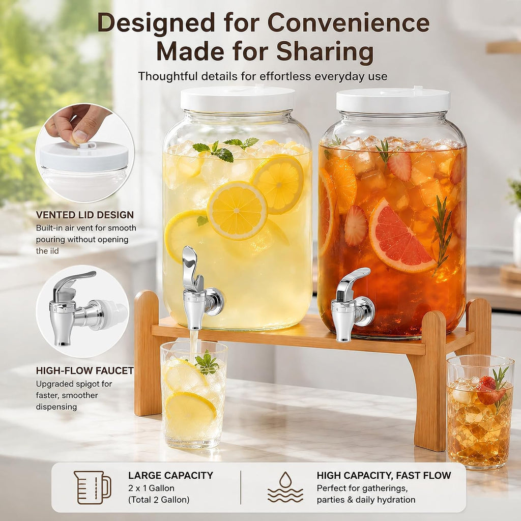 Gallon Large with Stand for Parties, Glass Iced Beverage Dispensers with Spigot, Reusable Water Dispenser - Set of 2