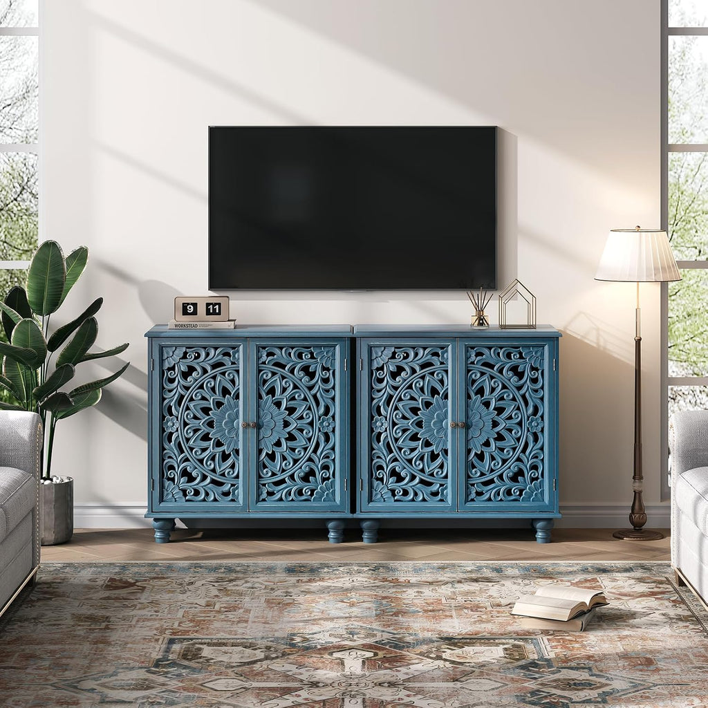 31" Accent Storage Cabinet with Carved Doors,Mandala Blue | Carved Floral Design, Solid Wood Legs, Versatile Storage