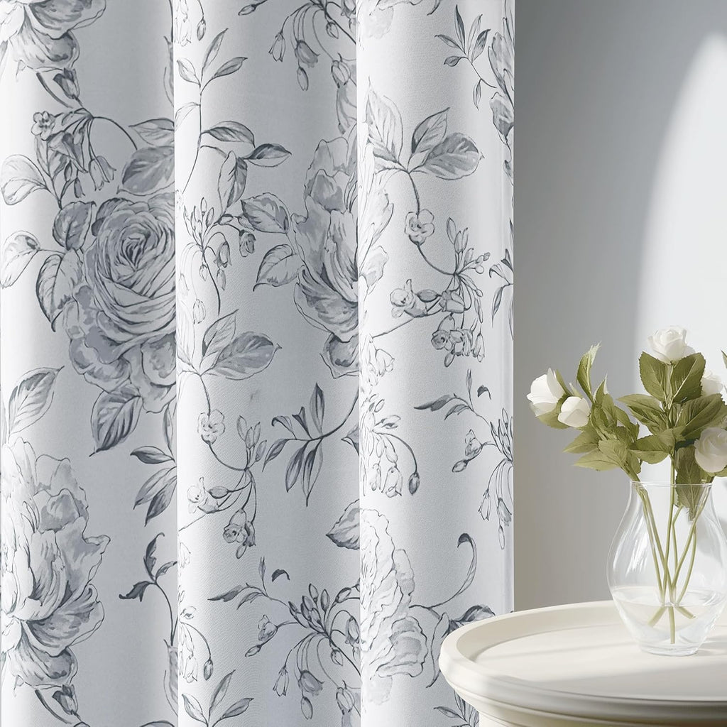 Floral 100% Blackout Curtains 84 Inches Long 2 Panels for Bedroom Living Room Grey White Farmhouse Rose Flower