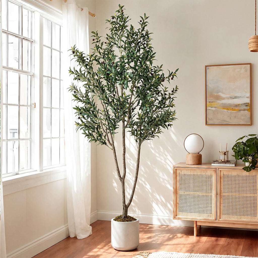 7ft Faux Olive Tree with White Planter, Plants Artificial Decor